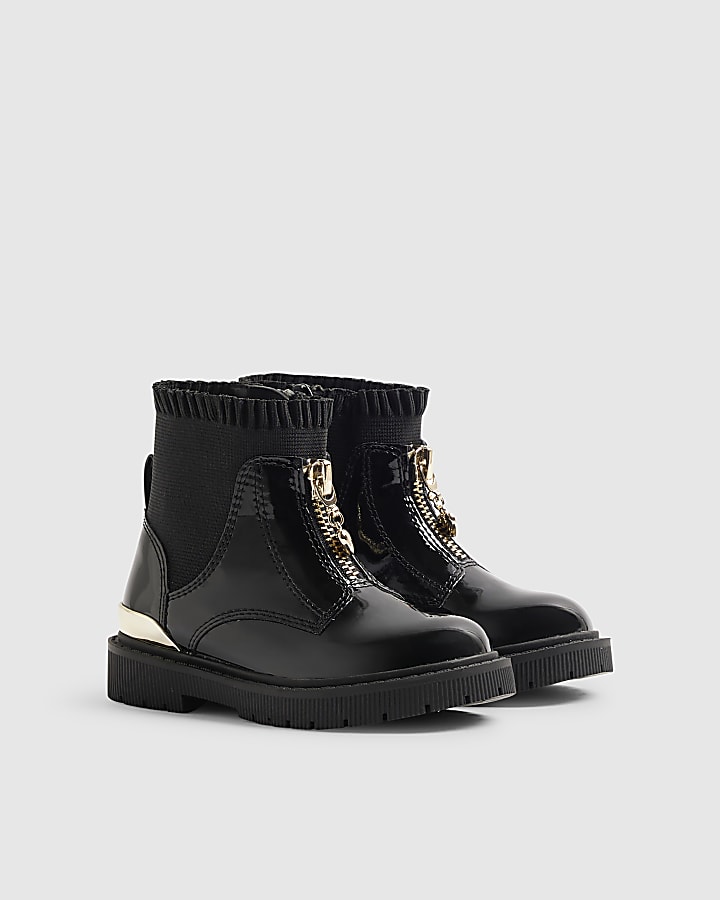 Mini Girls Black Frill Zip Front Boots