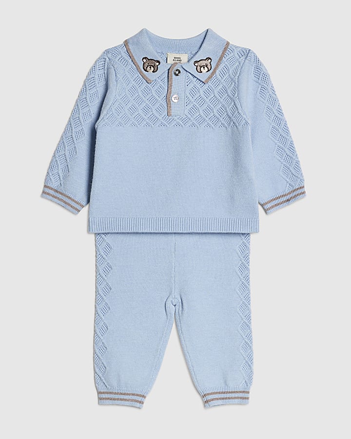 Baby Boys Blue Stitched Bear Sweatshirt Set