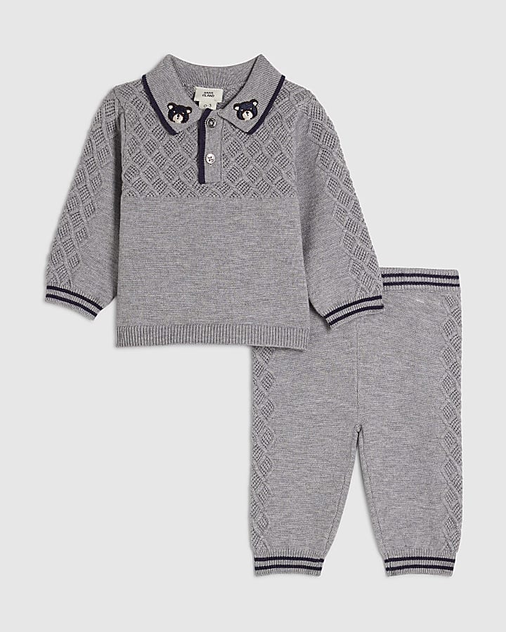 Baby Boys Grey Stitched Bear Sweatshirt Set