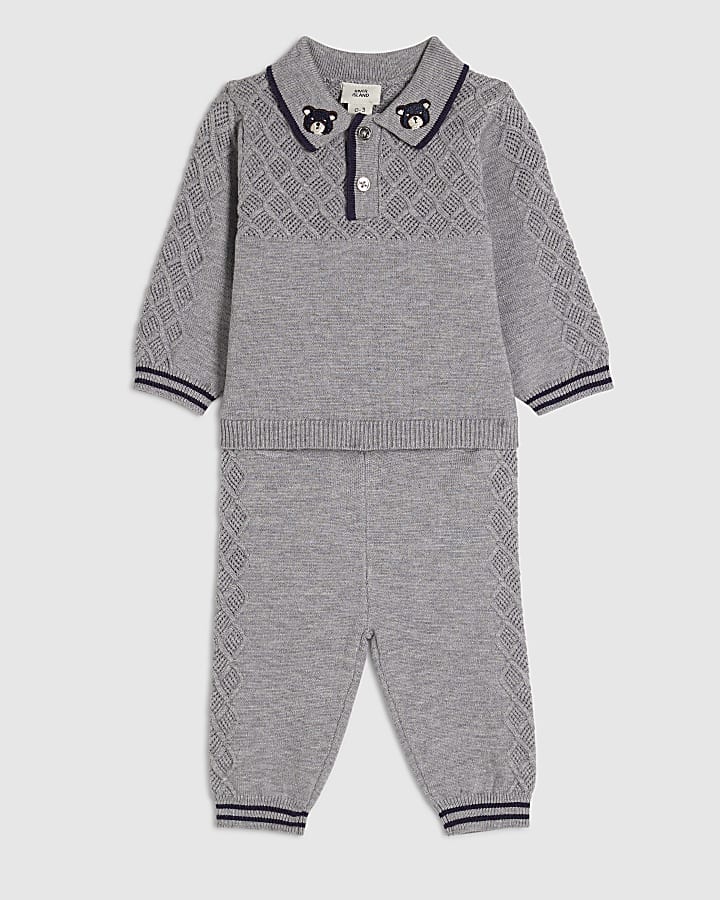 Baby Boys Grey Stitched Bear Sweatshirt Set