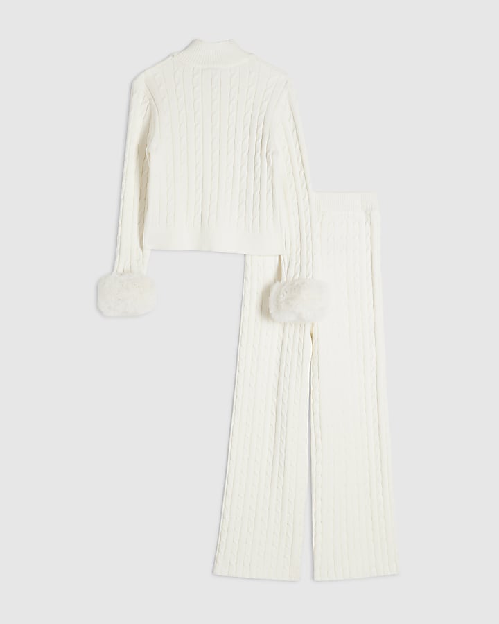 Girls Cream Fur Cuff Cable Knit Cardigan Set