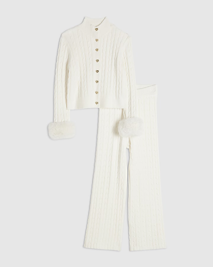 Girls Cream Fur Cuff Cable Knit Cardigan Set