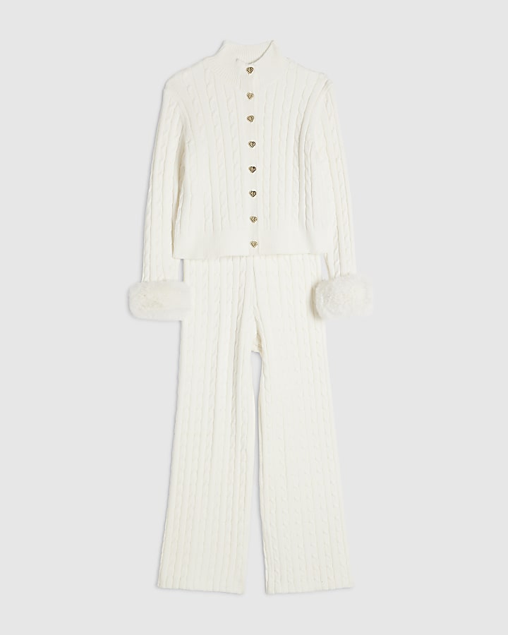 Girls Cream Fur Cuff Cable Knit Cardigan Set
