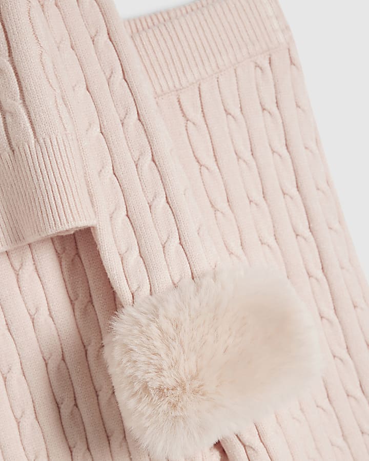Girls Pink Fur Cuff Cable Knit Cardigan Set