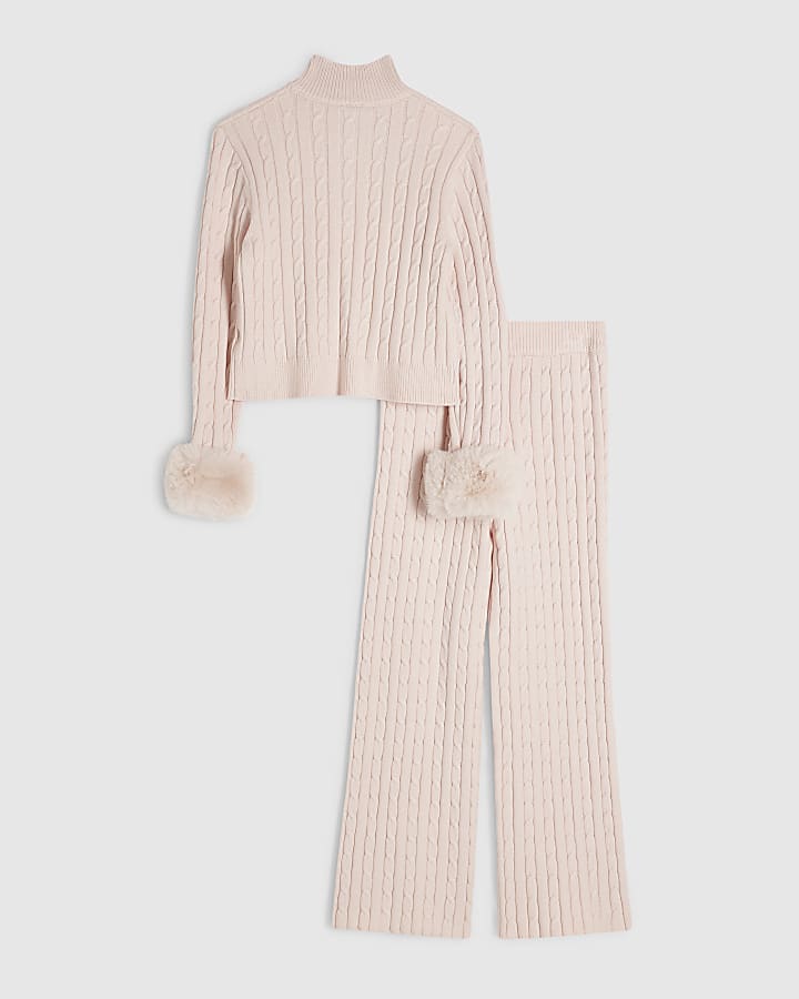 Girls Pink Fur Cuff Cable Knit Cardigan Set