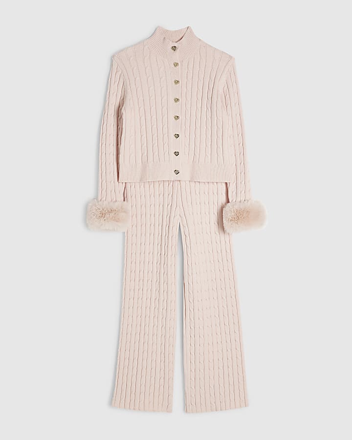 Girls Pink Fur Cuff Cable Knit Cardigan Set