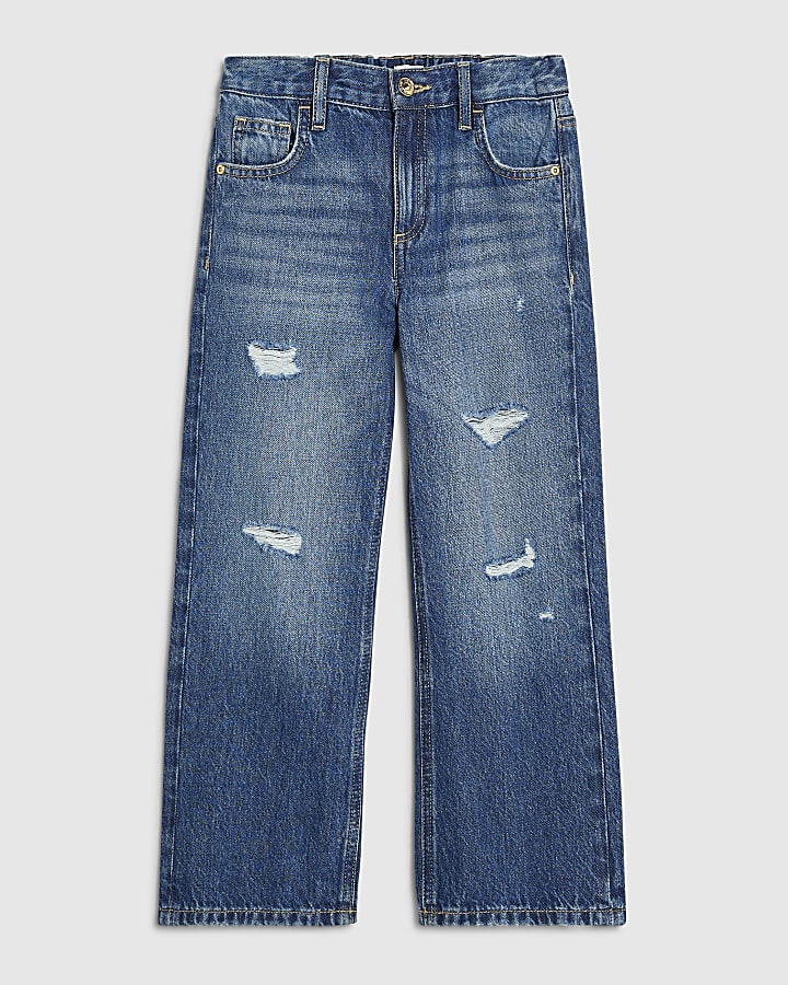 Girls Blue Ripped Straight Leg Jeans