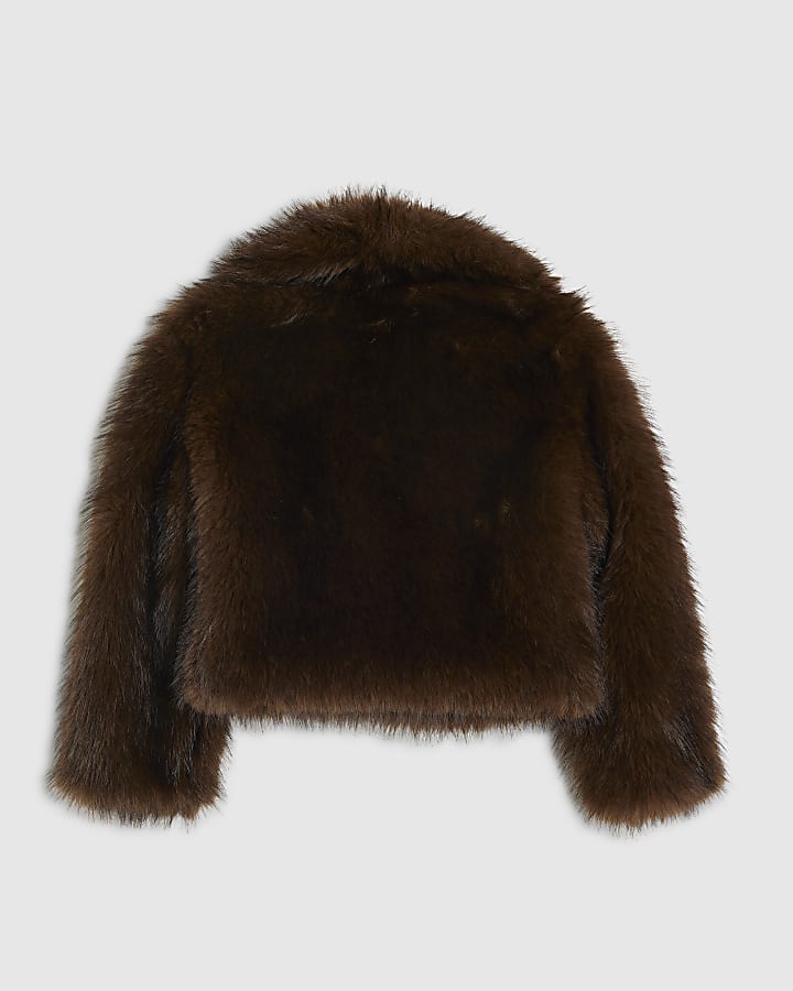 Girls Brown Short Faux Fur Coat