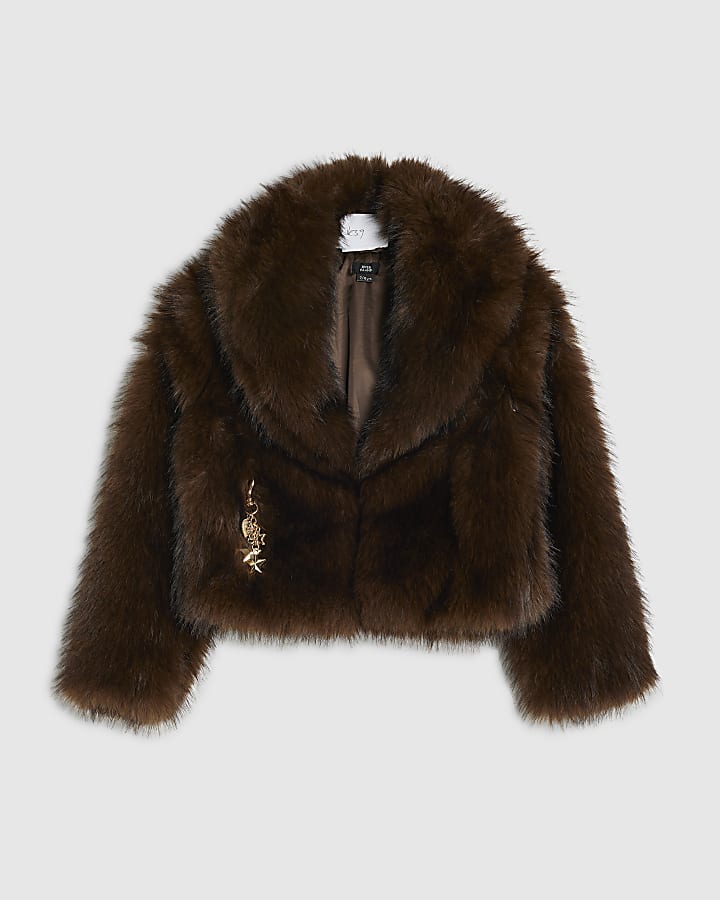 Girls Brown Short Faux Fur Coat