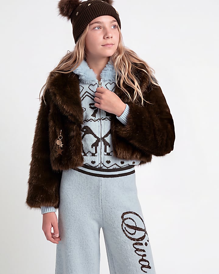 Girls Brown Short Faux Fur Coat