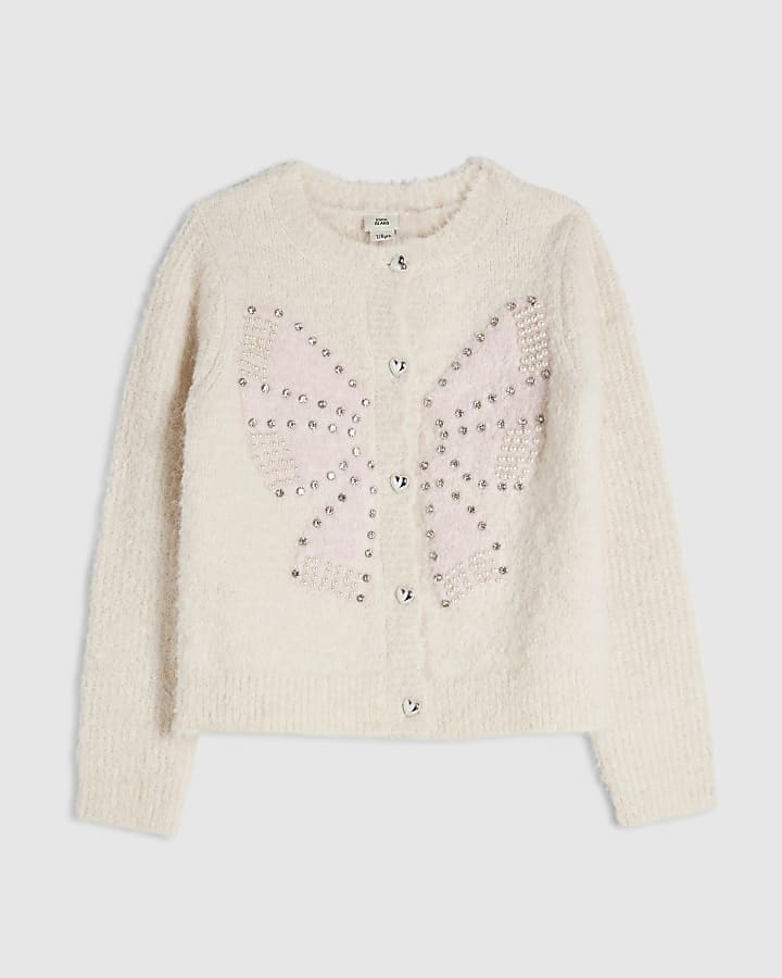 Girls Cream 3D Bow Embellished Cardigan