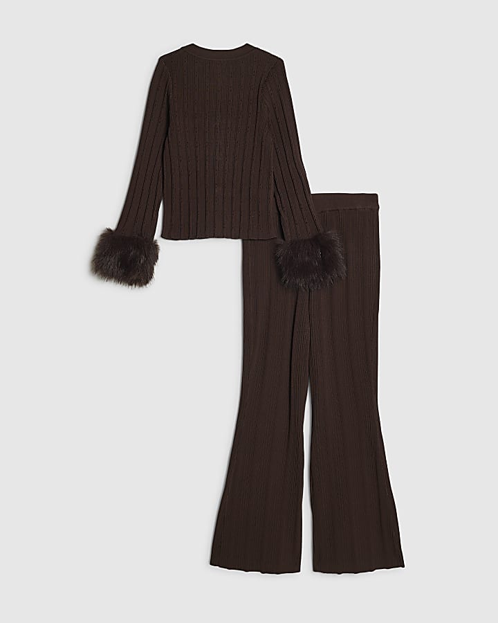 Girls Brown Fur Cuff Textured Cardigan Set