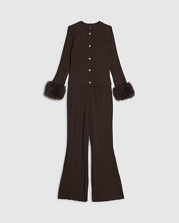 Girls Brown Fur Cuff Textured Cardigan Set