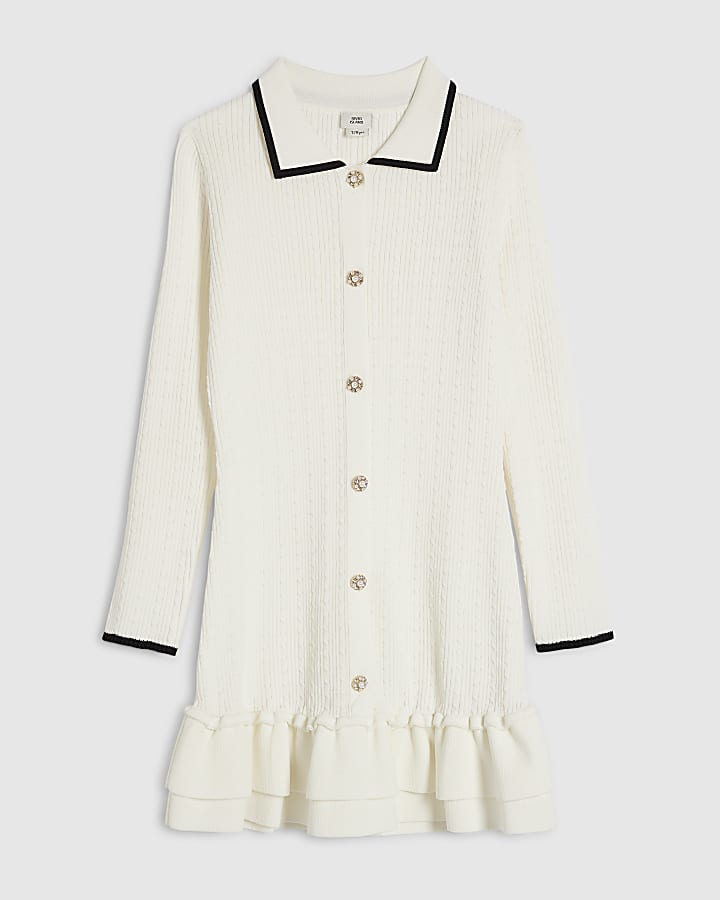 Girls Cream Knit Long Sleeve Martini Dress
