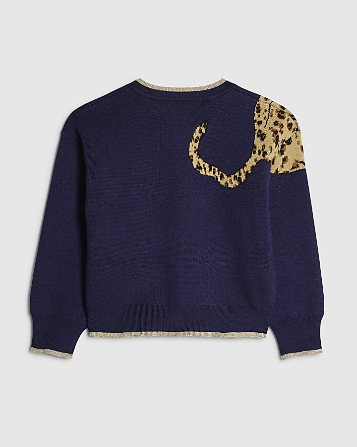 Girls Navy Leopard Cardigan