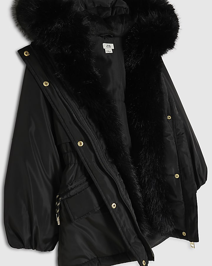 Girls Black Fur Hood Parka Coat