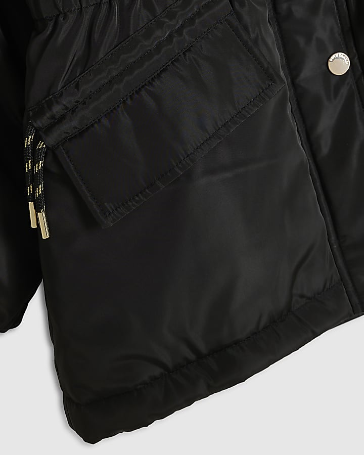 Girls Black Fur Hood Parka Coat