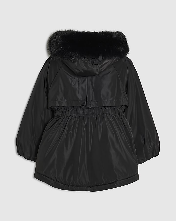 Girls Black Fur Hood Parka Coat