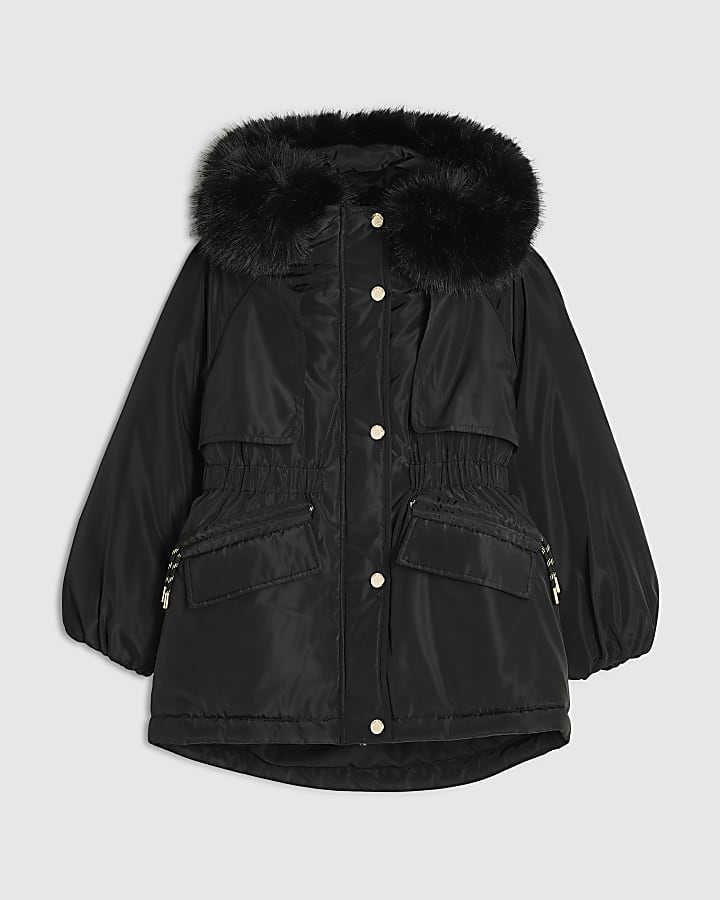 Girls Black Fur Hood Parka Coat