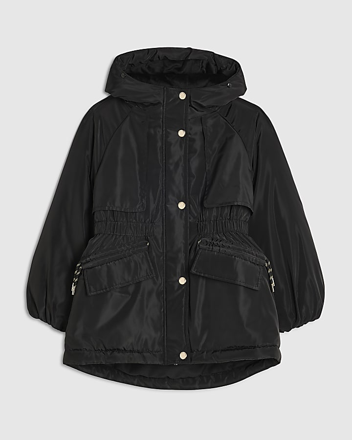 Girls Black Fur Hood Parka Coat