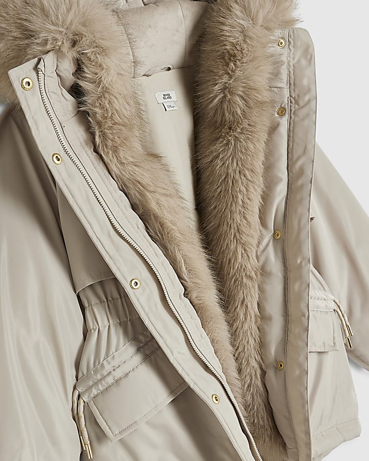 Girls Beige Fur Hood Parka Coat