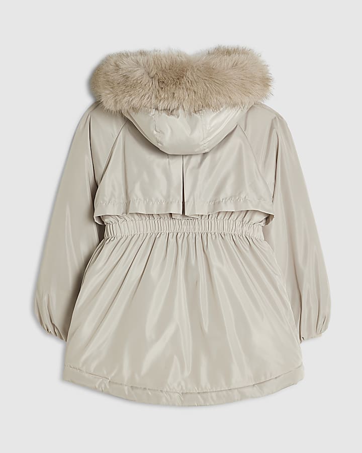 Girls Beige Fur Hood Parka Coat