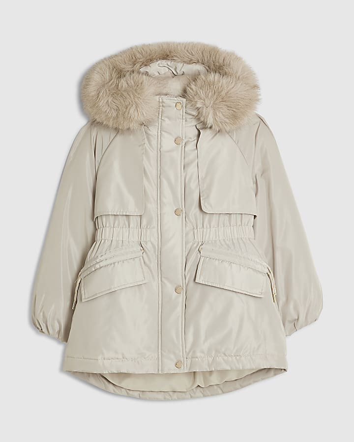 Girls Beige Fur Hood Parka Coat