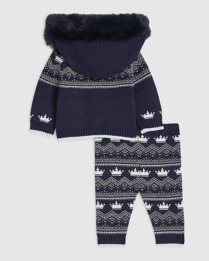 Baby Boys Blue Fairisle Fur Hoodie Set