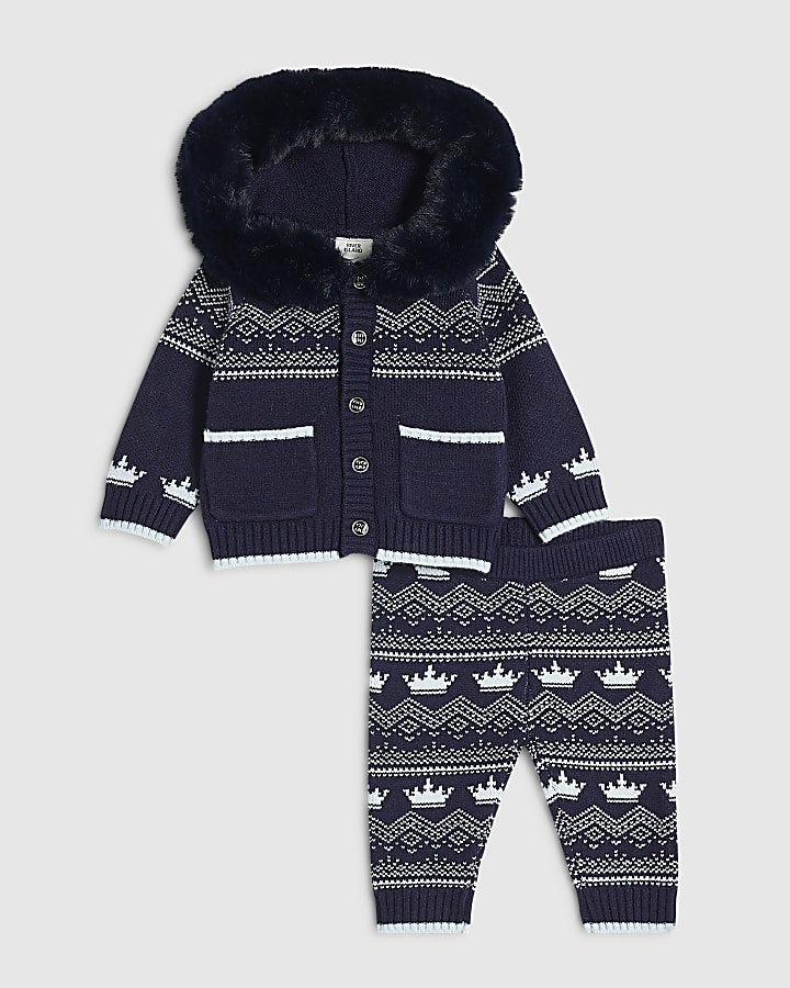 Baby Boys Blue Fairisle Fur Hoodie Set