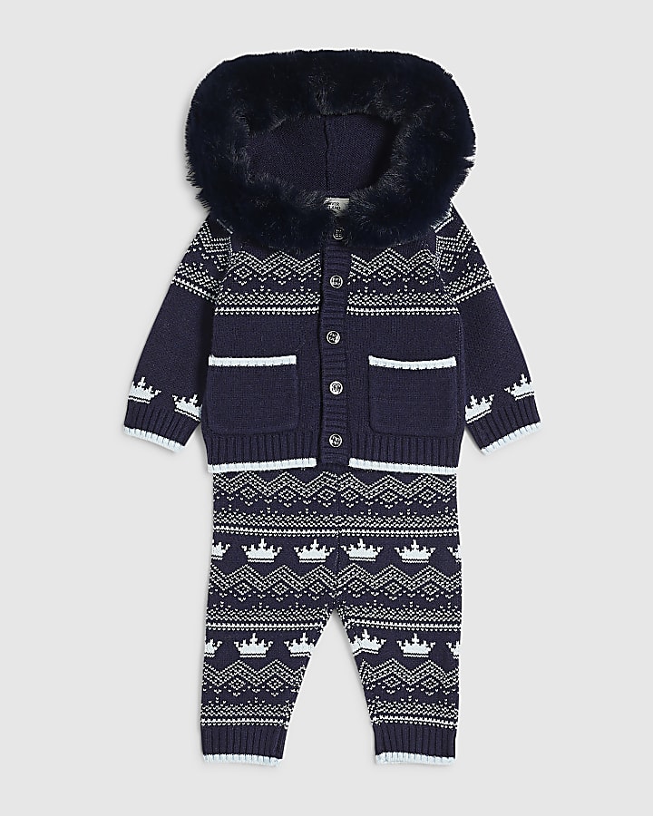 Baby Boys Blue Fairisle Fur Hoodie Set