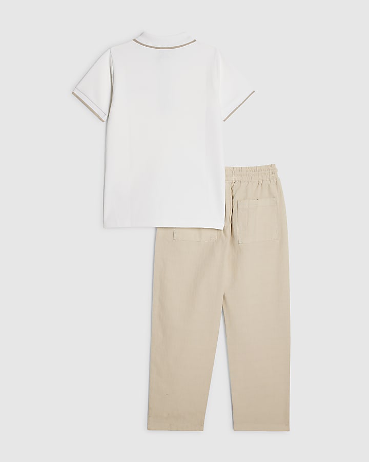 Boys White Textured Polo Shirt Set