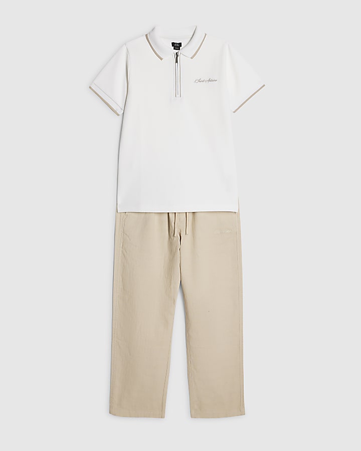 Boys White Textured Polo Shirt Set