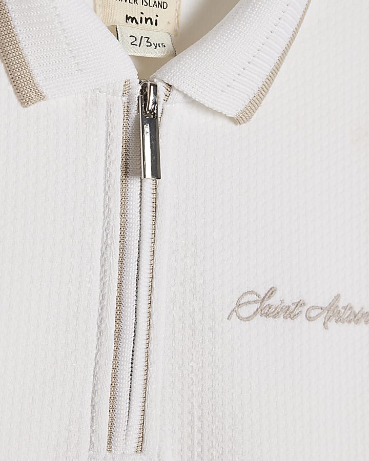 Mini Boys White Textured Polo Shirt Set