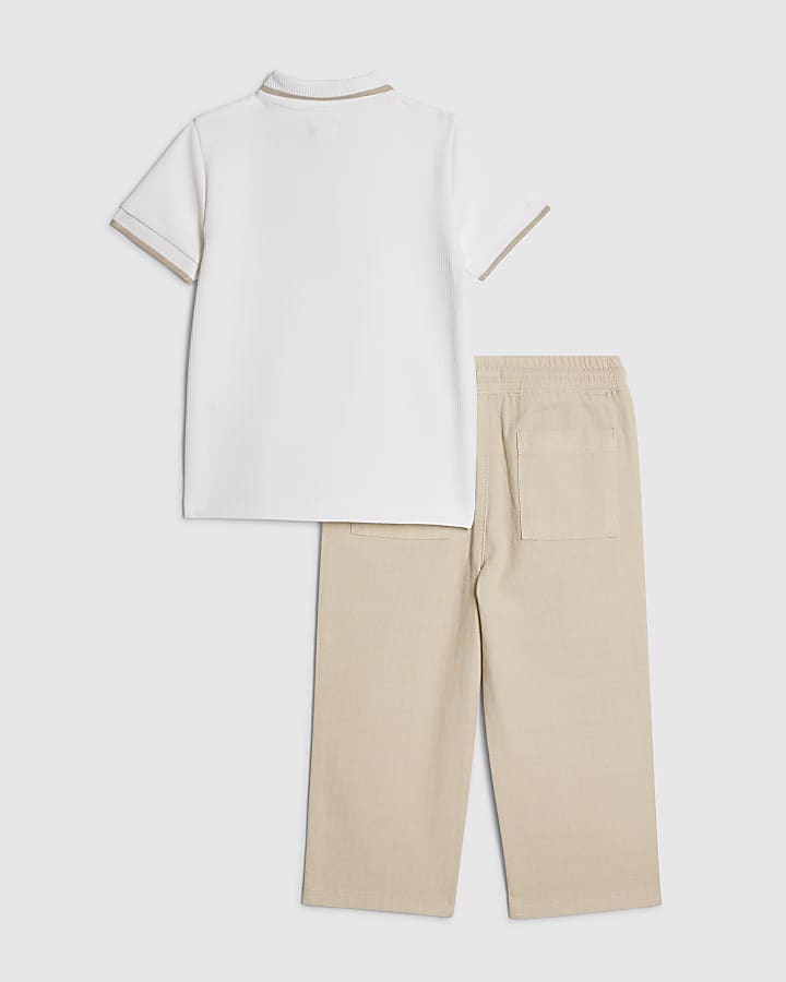 Mini Boys White Textured Polo Shirt Set