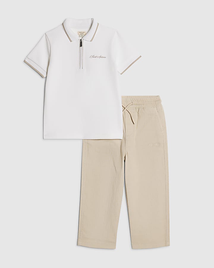 Mini Boys White Textured Polo Shirt Set