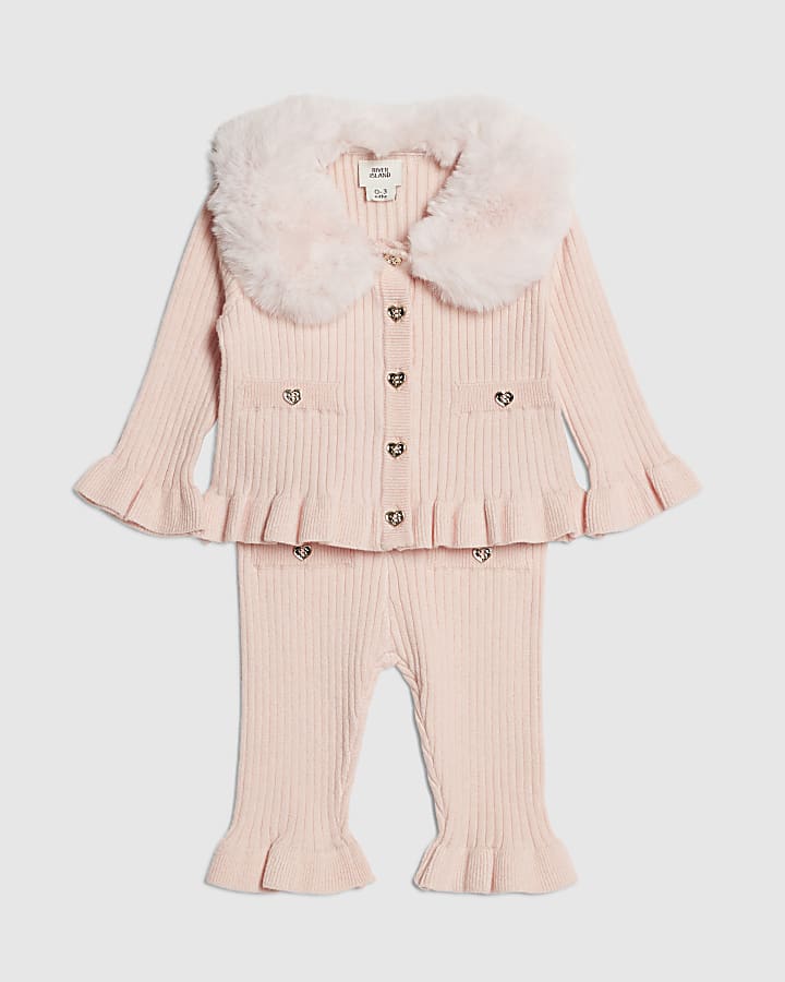 Baby Girls Pink Fur Collar Peplum Top Set