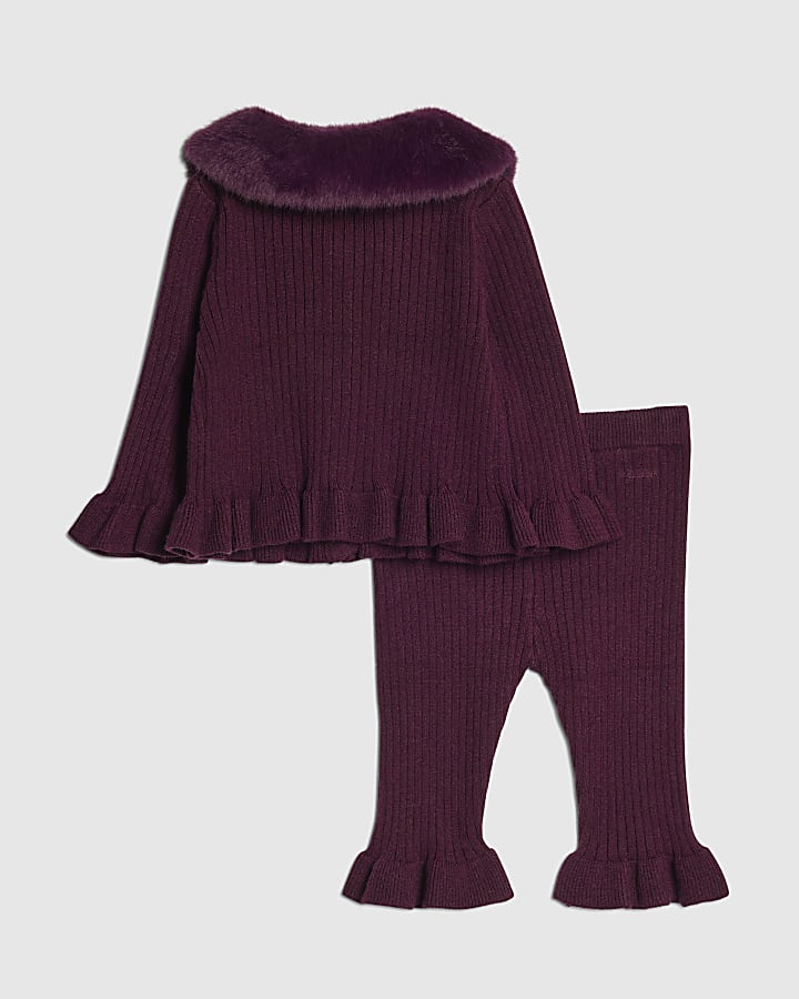 Baby Girls Purple Fur Collar Peplum Top Set