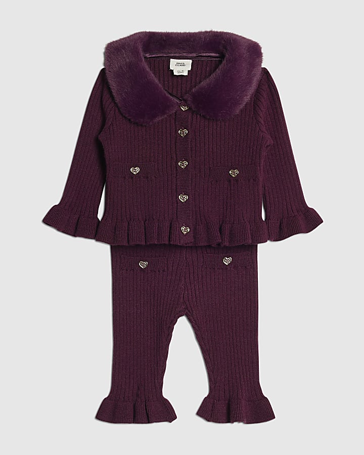 Baby Girls Purple Fur Collar Peplum Top Set