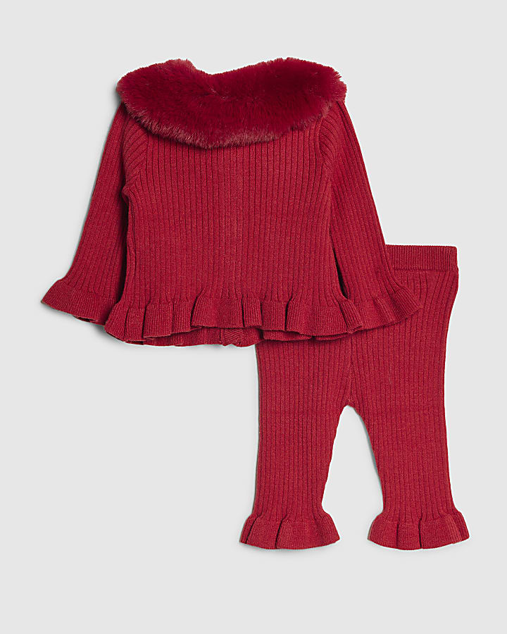 Baby Girls Red Fur Collar Peplum Top Set