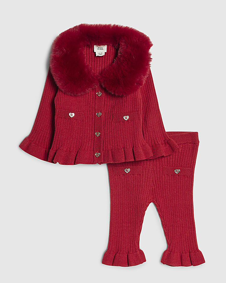 Baby Girls Red Fur Collar Peplum Top Set