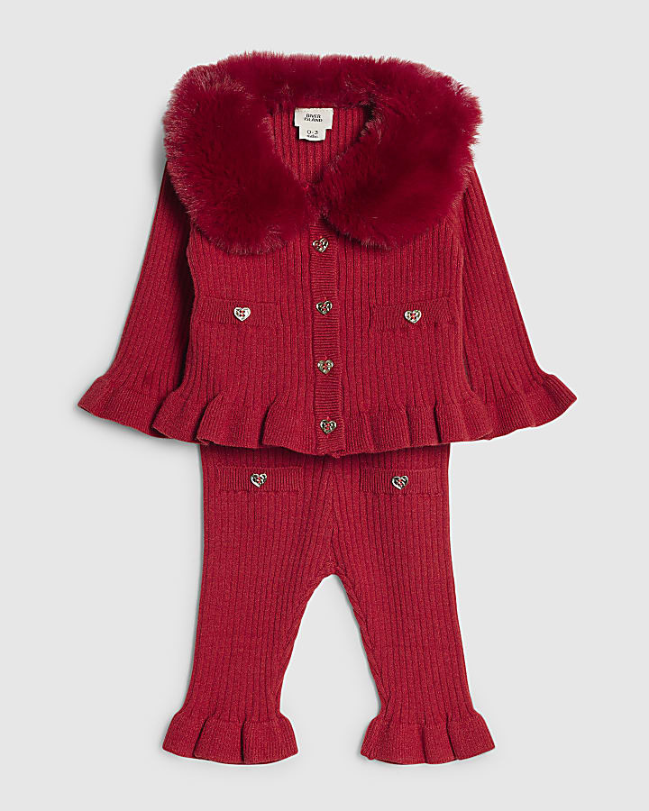 Baby Girls Red Fur Collar Peplum Top Set