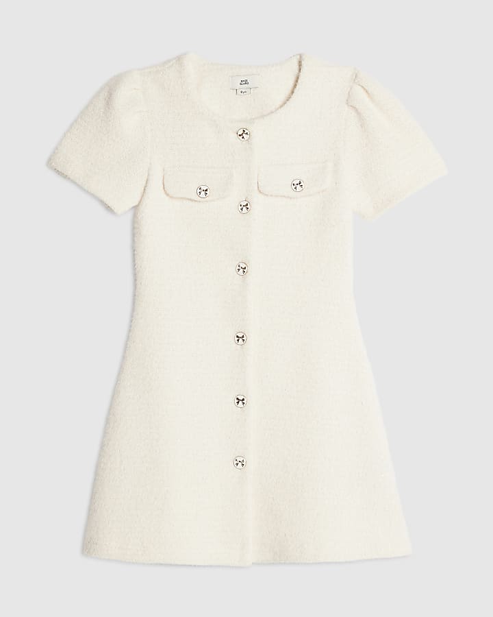 Girls Cream Knitted Fit and Flare Dress