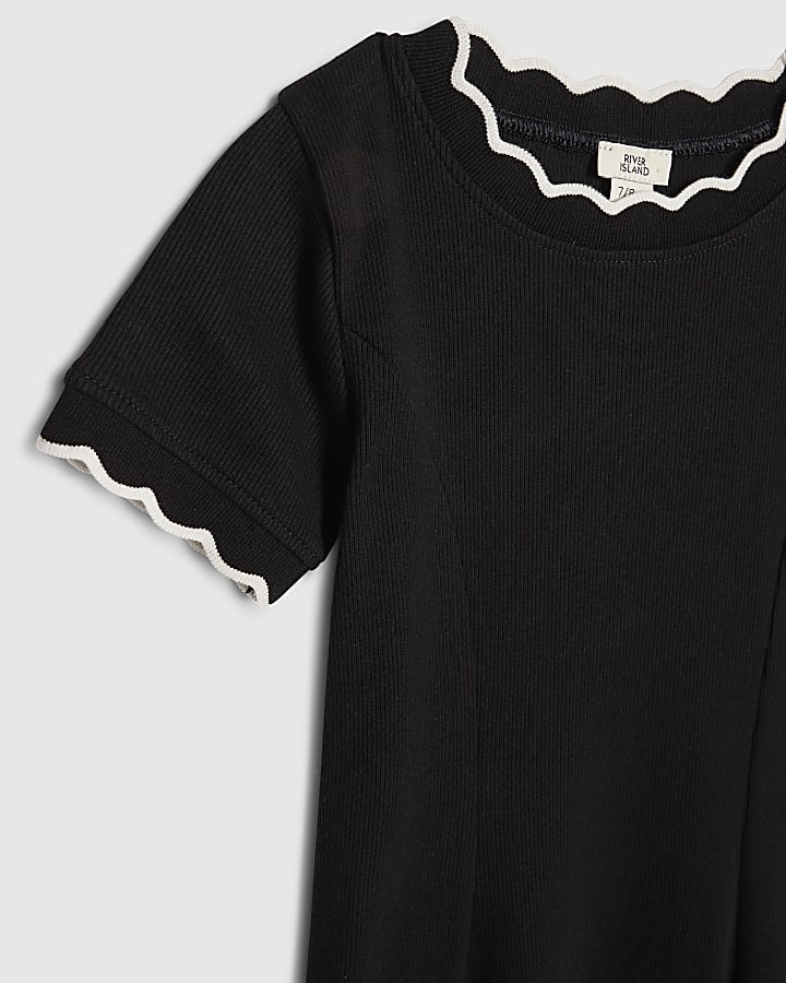 Girls Black Scallop Edge Fit And Flare Dress