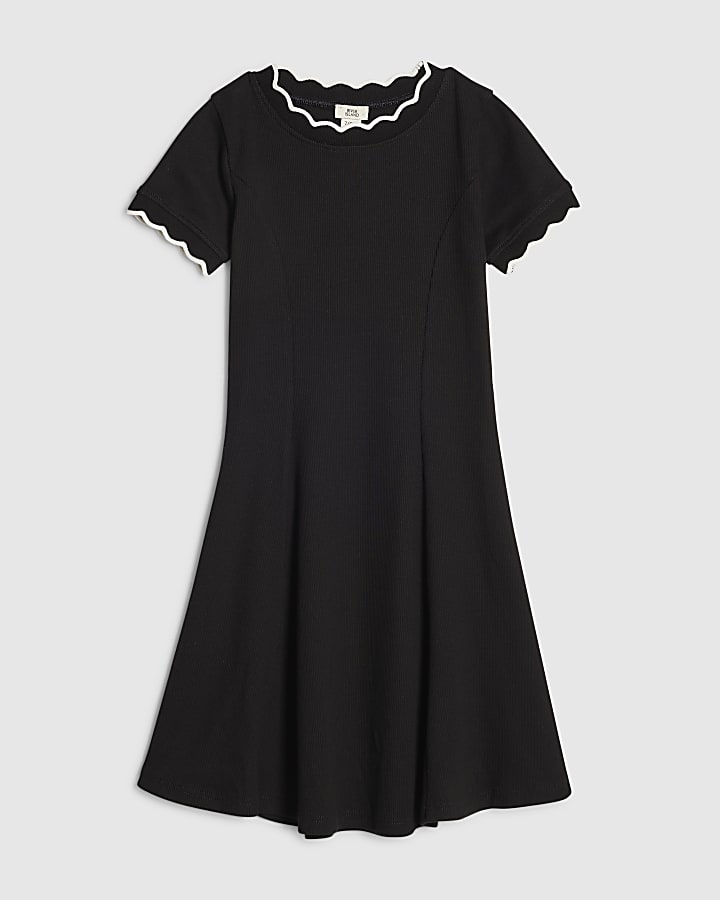 Girls Black Scallop Edge Fit And Flare Dress