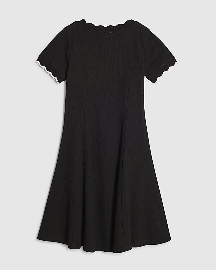 Girls Black Scallop Edge Fit And Flare Dress