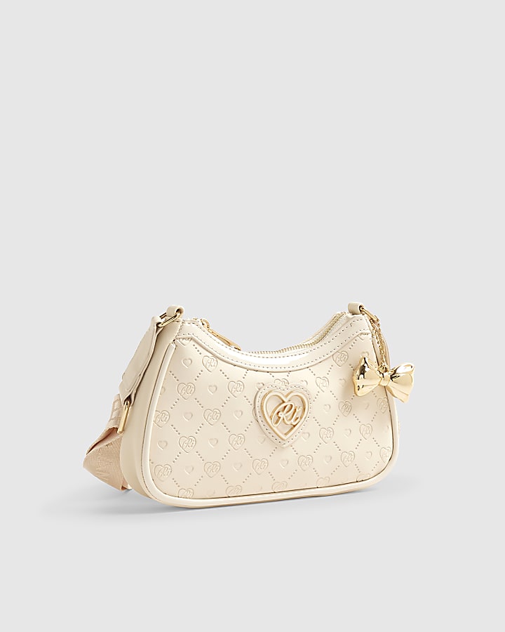 Girls Cream Monogram Scoop Bag