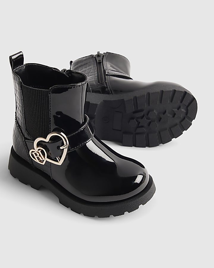Mini Girls Black Heart Buckle Boots