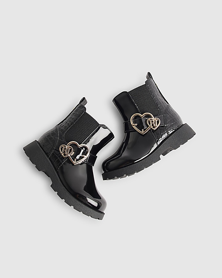Mini Girls Black Heart Buckle Boots