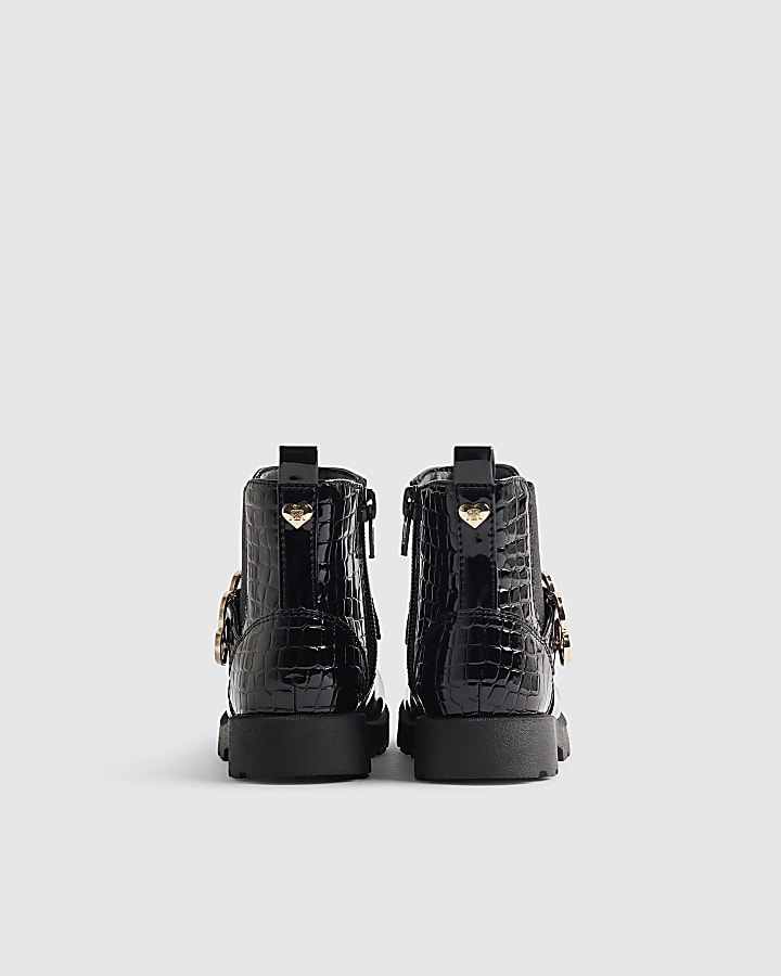 Mini Girls Black Heart Buckle Boots