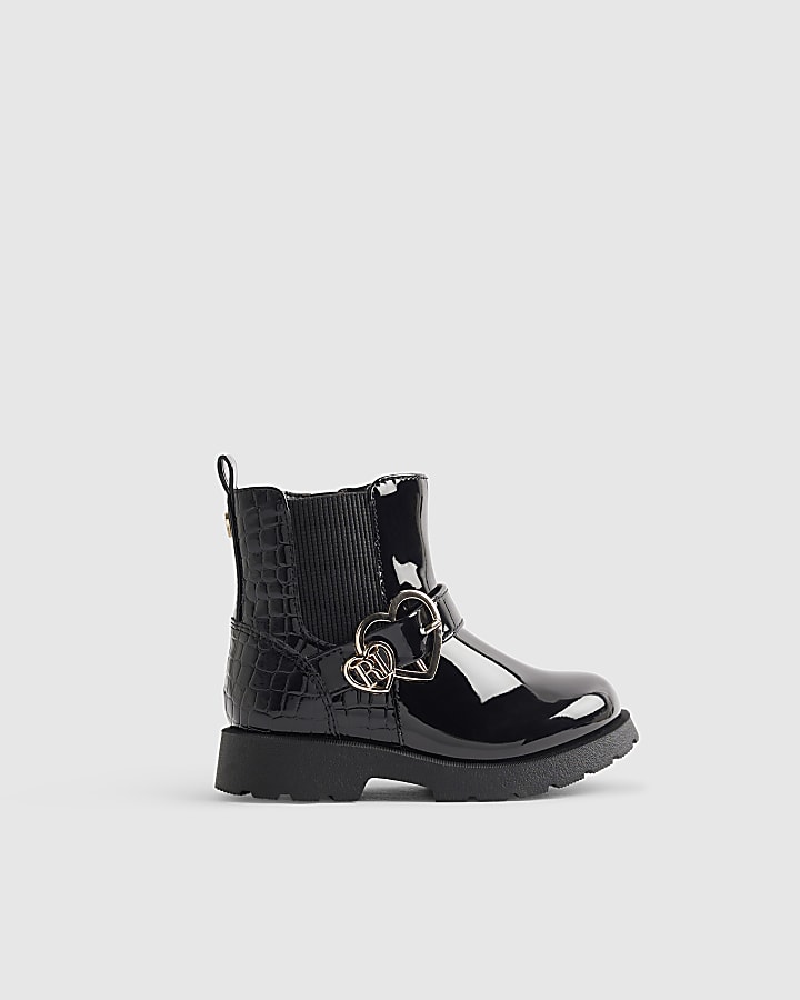 Mini Girls Black Heart Buckle Boots